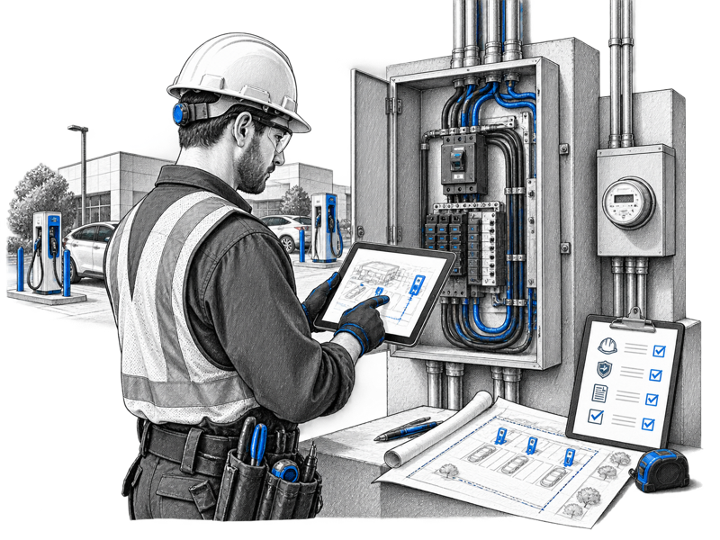 Licensed electrician reviewing an EV charging site and electrical panel