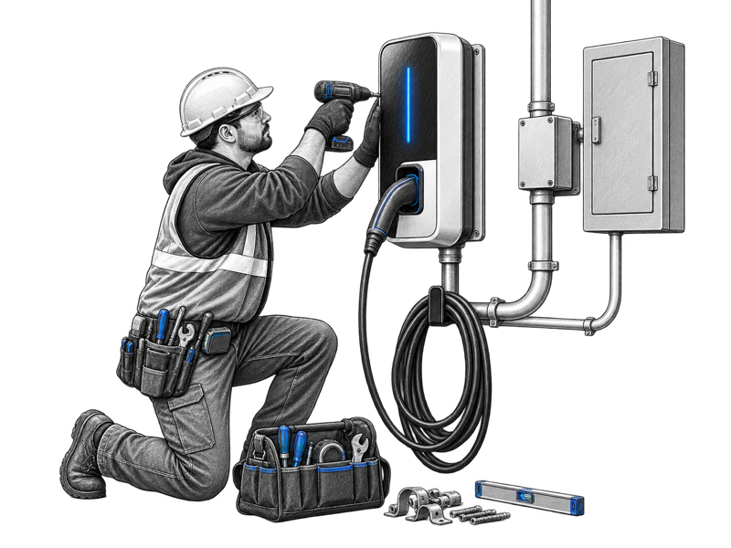 Electrician installing and connecting a commercial EV station
